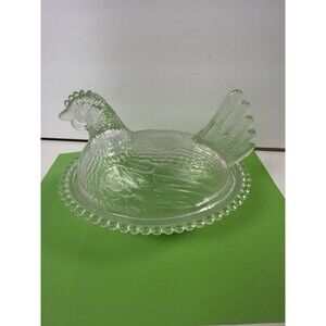 Vintage Indiana Crystal Striated Hen On Nest 7-inch HON Candy Dish